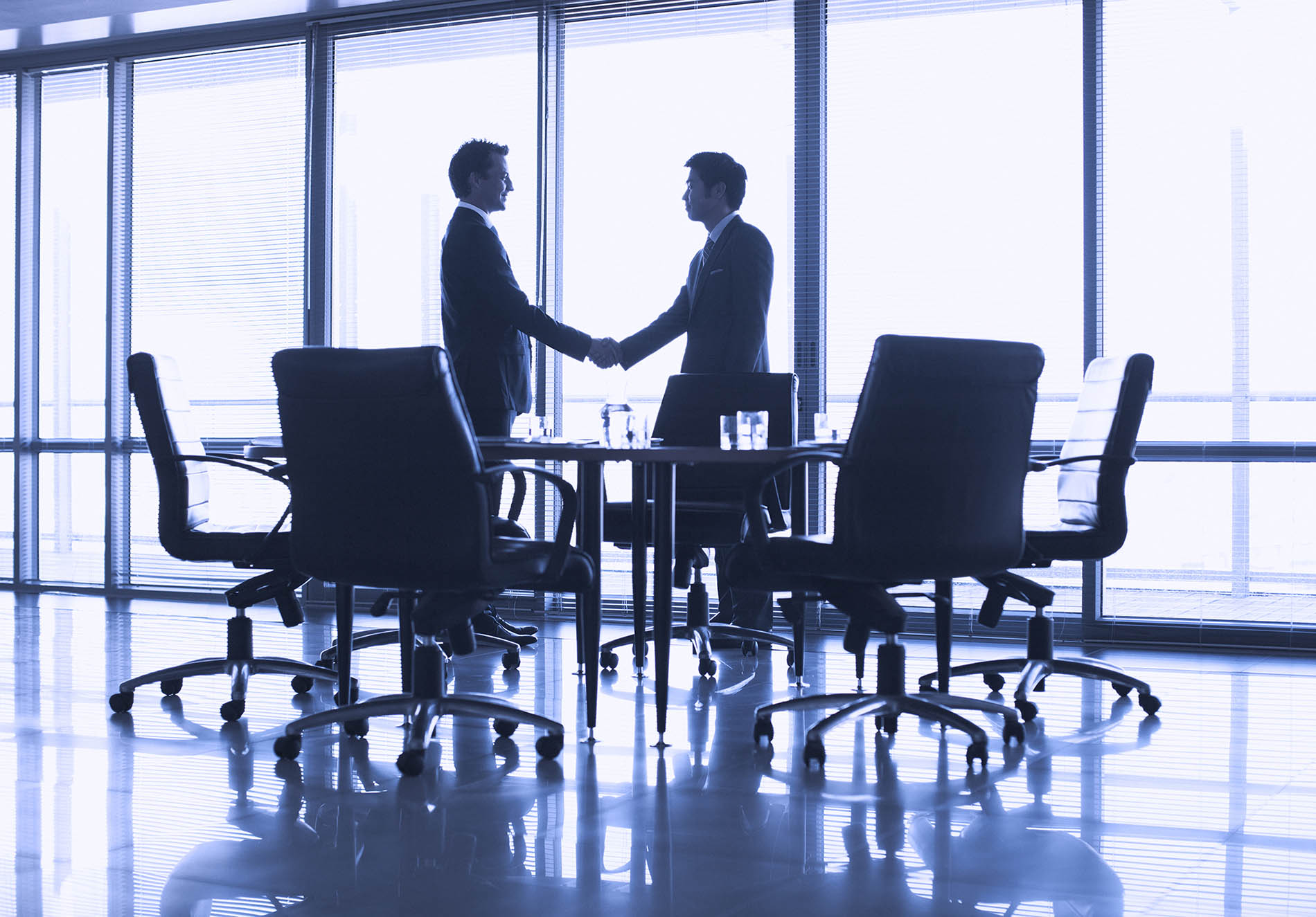 Silhouette of businessmen shaking hands in conference room
